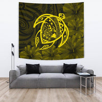Hawaii Turtle Kanaka Map Hibiscus Poly Tapestry - Yellow Wall Tapestry Large 104" x 88" Yellow - Polynesian Pride