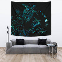 Hawaii Turtle Ohana Paua Shell Tapestry Wall Tapestry Black - Polynesian Pride