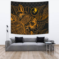 Yap Tapestry - Turtle Hibiscus Pattern Gold Wall Tapestry Large 104" x 88" Gold - Polynesian Pride