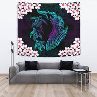 Hawaiian Shark Turtle Plumeria Tapestry - Black - Zelda Style - AH Wall Tapestry Large 104" x 88" Black - Polynesian Pride