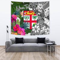 Fiji Custom Personalised Tapestry White - Turtle Plumeria Banana Leaf - Polynesian Pride