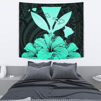 Hawaiian Kanaka Tapestry Hibiscus Polynesian Love Turquoise Wall Tapestry Medium 80" x 68" Turquoise - Polynesian Pride
