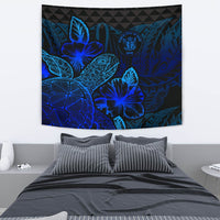 Niue Tapestry - Turtle Hibiscus Pattern Blue Wall Tapestry Medium 80" x 68" Blue - Polynesian Pride