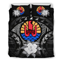 Tahiti Duvet Cover Set - Tahiti Flag & Gray Hibiscus - Polynesian Pride