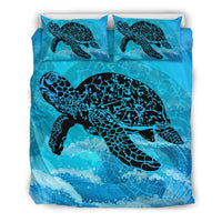 Hawaiian Sea Turtle Swim In The Waves Polynesian Bedding Set Blue - Polynesian Pride