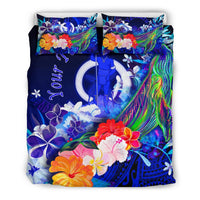 Vanuatu Custom Personalised Bedding Set - Humpback Whale with Tropical Flowers (Blue) - Polynesian Pride