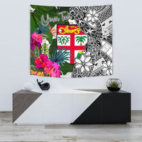 Fiji Custom Personalised Tapestry White - Turtle Plumeria Banana Leaf - Polynesian Pride