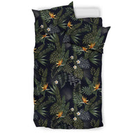 Hawaiian Tropical Strelitzia Monstera Palm Leaves And Flowers In The Night Polynesian Bedding Set - Polynesian Pride