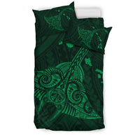 Hawaiian Map Kanaka Manta Ray Polynesian Bedding Set Green - Polynesian Pride