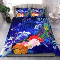 American Samoa Polynesian Custom Personalised Bedding Set - Humpback Whale with Tropical Flowers (Blue) - Polynesian Pride