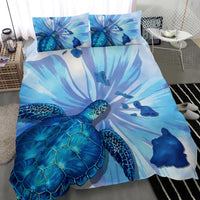 Hawaiian Map Hibiscus Flower Turtle Polynesian Bedding Set Blue - Polynesian Pride