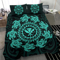 Hawaiian Map Kanaka Turtles Circle Style Turquoise Polynesian Bedding Set - Polynesian Pride