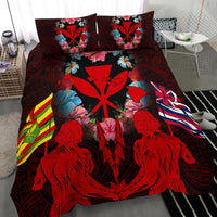 Hawaii Map Kanaka Two Men Holding Flag Bedding Set - AH - Red - Polynesian Pride