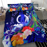 Vanuatu Custom Personalised Bedding Set - Humpback Whale with Tropical Flowers (Blue) - Polynesian Pride