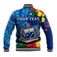 (Custom Personalised) Samoa Baseball Jacket Coat Of Arms Mix Tropical Flowers LT14 - Polynesian Pride