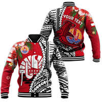 (Custom Personalised) Tahiti Islands Baseball Jacket Polynesian Shark Mix Tropical Flowers LT14 Unisex Red - Polynesian Pride