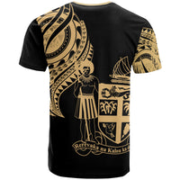 Fiji T Shirt Fijian Tatau Gold Patterns With Coat of Arms - Polynesian Pride