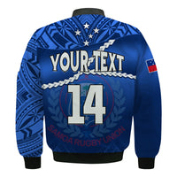 (Custom Text And Number) Samoa Rugby Bomber Jacket Manu Samoa Polynesian Hibiscus Blue Style LT14 - Polynesian Pride