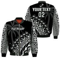 (Custom Text And Number) Fiji Rugby Bomber Jacket Fijian Cibi Dance Tapa Pattern Black LT14 Unisex Black - Polynesian Pride