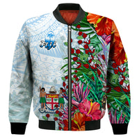 Fiji Bomber Jacket Proud Fijian Tapa mix Tagimoucia Flowers LT13 Unisex White - Polynesian Pride