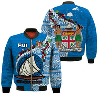 Fiji Bomber Jacket Fijian Drua Mix Tagimaucia Flower Blue Style LT14 Unisex Blue - Polynesian Pride