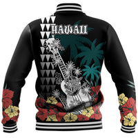 Hawaii Ukulele Mix Hibiscus and Coconut Tree Baseball Jacket Aloha Vintage Black Version LT9 - Polynesian Pride