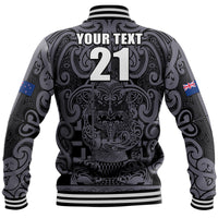 (Custom Text And Number) New Zealand Taiaha Maori Baseball Jacket Minimalist Silver Fern All Black LT9 - Polynesian Pride
