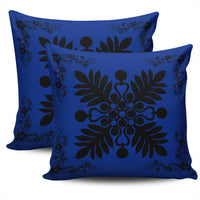 Hawaiian Quilt Maui Plant And Hibiscus Pattern Pillow Covers - Black Blue - AH - Polynesian Pride