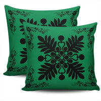 Hawaiian Quilt Maui Plant And Hibiscus Pattern Pillow Covers - Black Green - AH - Polynesian Pride