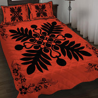 Hawaiian Quilt Maui Plant And Hibiscus Pattern Quilt Bed Set - Black Orange - AH - Polynesian Pride