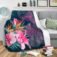 Hawaii Pink Turtles Hibiscus Tropical Premium Blanket - Vint Style - AH - Polynesian Pride