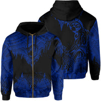 Hawaii Polynesian Hoodie Zip Warrior Ikaika Benjamin Style Blue Unisex Black - Polynesian Pride