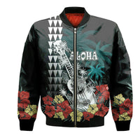 (Custom Personalised) Hawaii Ukulele Mix Hibiscus and Coconut Tree Bomber Jacket Aloha Vintage Black Version LT9 Unisex Black - Polynesian Pride