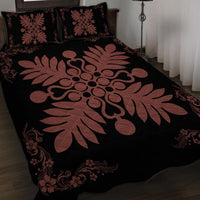 Hawaiian Quilt Maui Plant And Hibiscus Pattern Quilt Bed Set - Coral Black - AH - Polynesian Pride