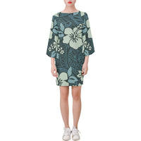 Hawaii Bell Sleeve Dress - Hibiscus Tribal Pattern Women Blue - Polynesian Pride