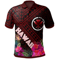Hawaii Polo Shirt Kanaka Maoli With Hibiscus On Polynesian Patterns (RED) Unisex Red - Polynesian Pride