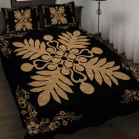 Hawaiian Quilt Maui Plant And Hibiscus Pattern Quilt Bed Set - Gold Black - AH - Polynesian Pride