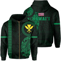 Polynesian Kakau Kanaka Flag of Hawaii Zip Hoodie Green Unisex Green - Polynesian Pride