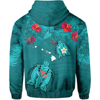 Hawaiian Islands Hoodie Hawaii Tropical Flowers and Turtles Turquoise LT13 - Polynesian Pride