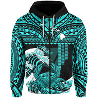 Custom Hawaii Hoodie Kakau Polynesian Crab With Waves Ver.01 LT14 Zip Hoodie Turquoise - Polynesian Pride