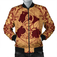 Hawaii Anchor Hibiscus Flower Vintage Bomber Jacket - AH - Red Orange Black Unisex - Polynesian Pride