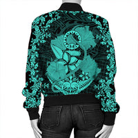 Hawaii Anchor Hibiscus Flower Vintage Bomber Jacket - AH - Turquoise - Polynesian Pride