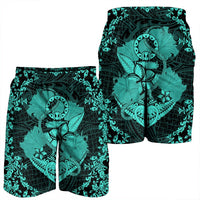Hawaii Anchor Hibiscus Flower Vintage Men's Shorts - AH - Turquoise - Polynesian Pride