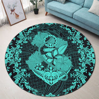 Hawaii Anchor Hibiscus Flower Vintage Round Carpet - AH - Turquoise - Polynesian Pride