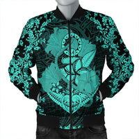 Hawaii Anchor Hibiscus Flower Vintage Bomber Jacket - AH - Turquoise Black Unisex - Polynesian Pride