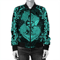 Hawaii Anchor Hibiscus Flower Vintage Bomber Jacket - AH - Turquoise - Polynesian Pride