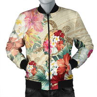 Hawaii Floral Turtle Bomber Jacket - Beige - AH Black Unisex - Polynesian Pride