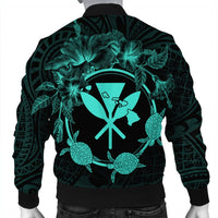 Hawaii Kanaka Turtle Hibiscus Polynesian Bomber Jacket - Anthea Style Turquoise - AH - Polynesian Pride