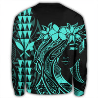Hawaii Map Kanaka Polynesian Hula Girl Sweatshirt Turquoise - AH - J5R - Polynesian Pride