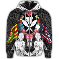 Hawaii Map Kanaka Two Men Holding Flag Zip Hoodie - Polynesian Pride
